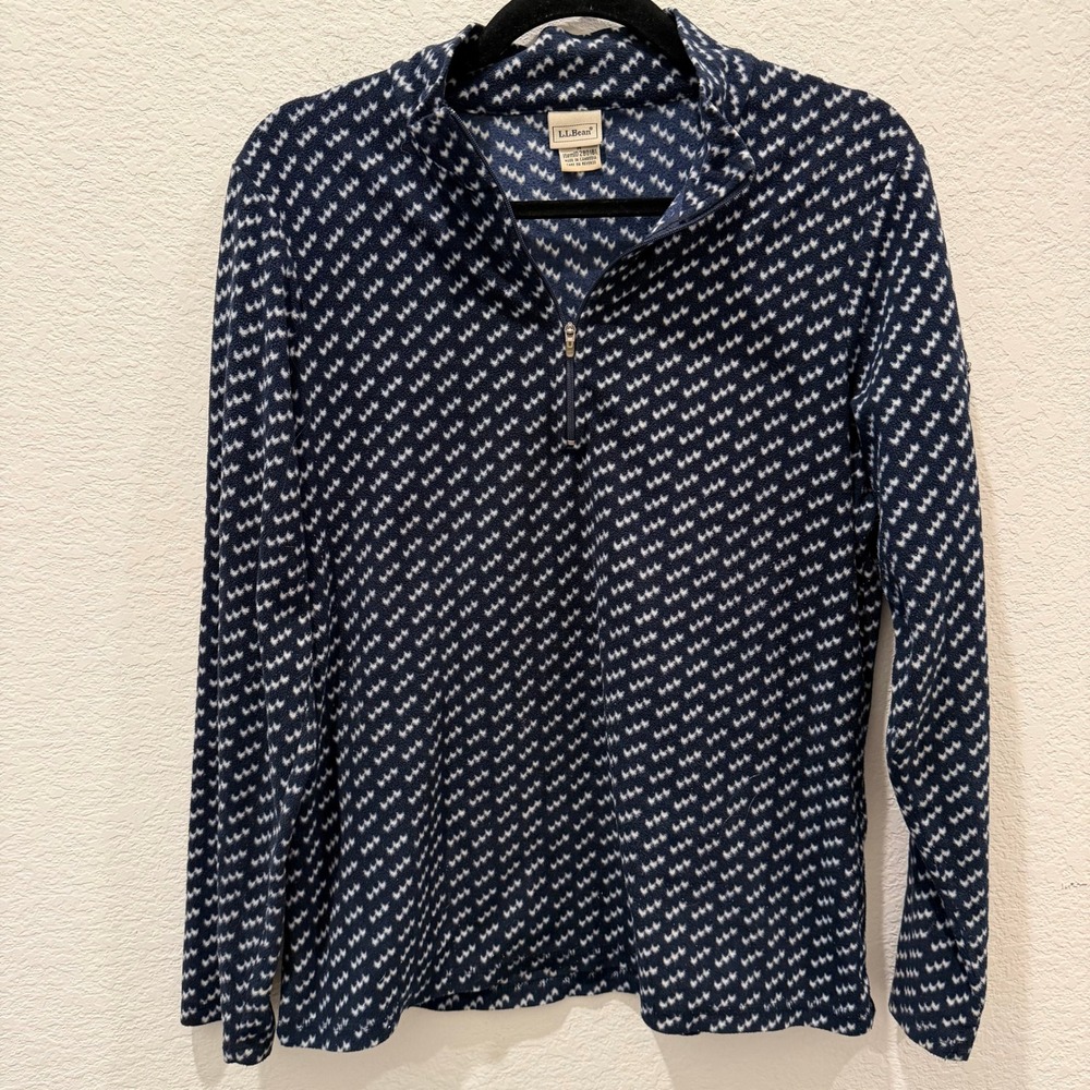 LL Bean Womens Navy White Fleece Quarter Zip Pullover Geometric Mock Neck 280181